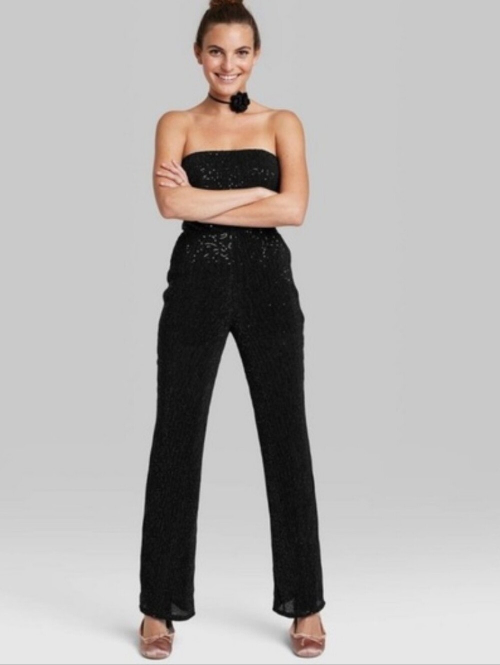 Wild Fable Black Strapless Tube Sequin Mesh Jumpsuit Medium